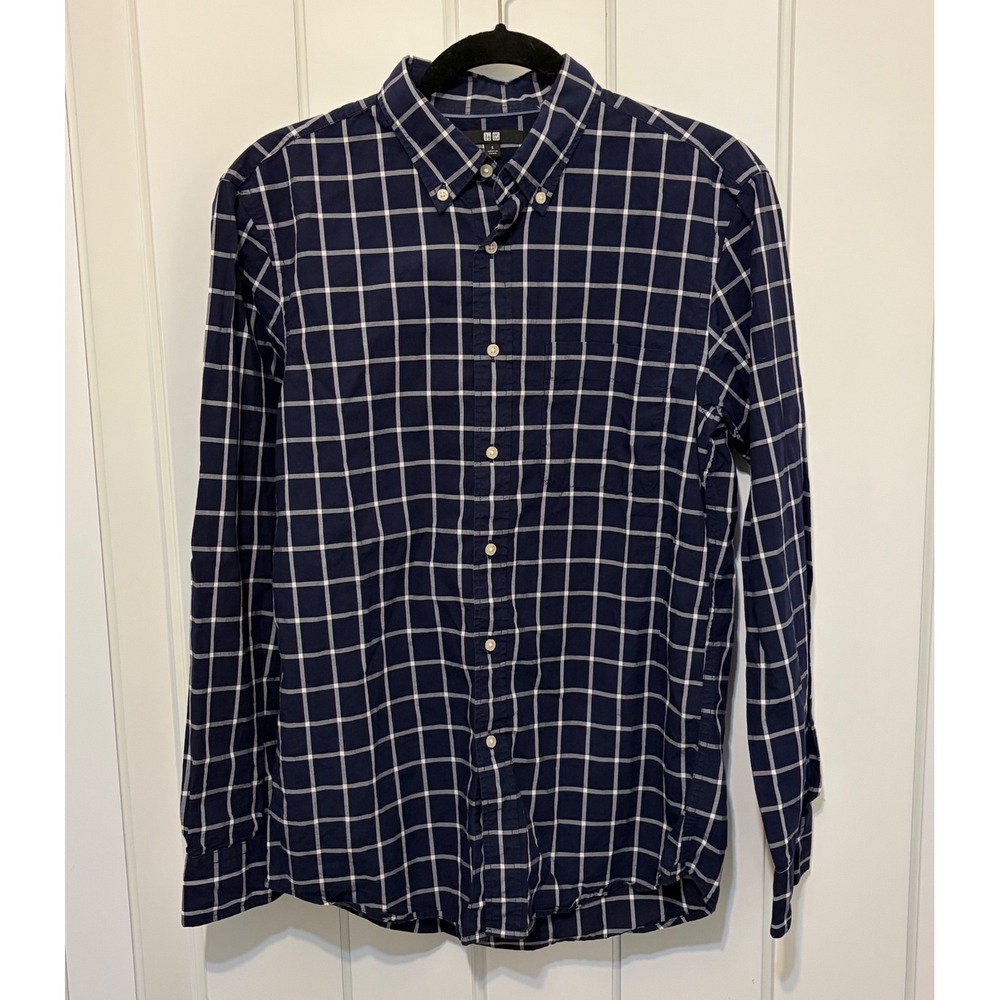 Uniqlo Mens Navy Blue White Windowpane Check Cotton Button Down Shirt